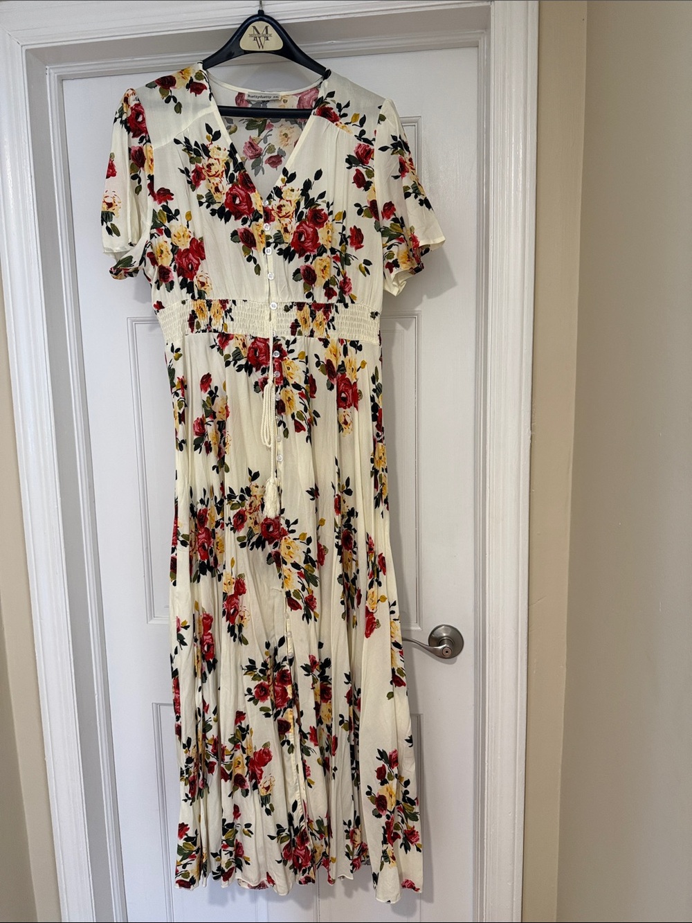 Floral V-Neck Maxi Dress in Cream with Red & Yellow Blooms